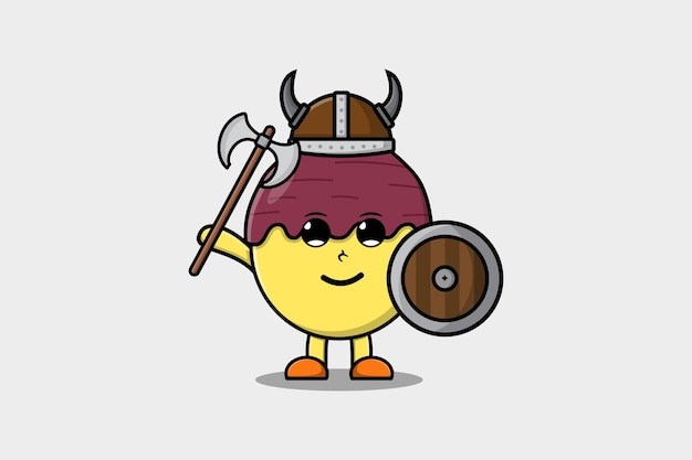 Cute cartoon character Sweet potato viking pirate with hat and holding ax and shield