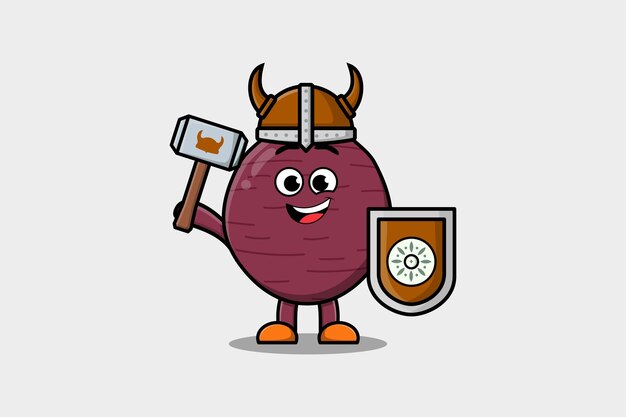 Cute cartoon character Sweet potato viking pirate with hat and holding hammer and shield