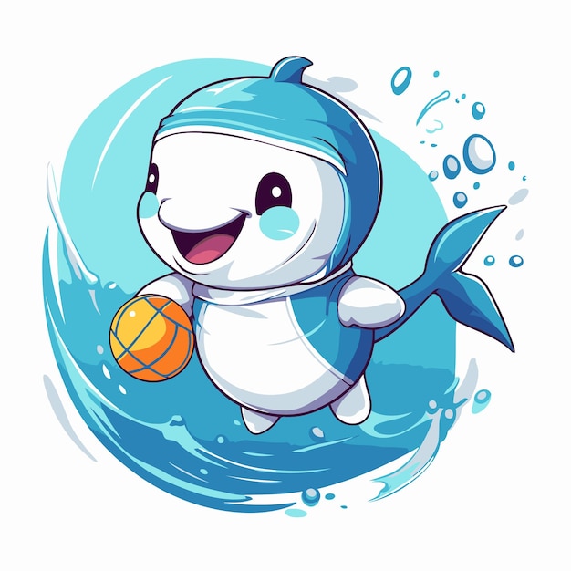 Cute cartoon character swimming with a ball in his hand Vector illustration