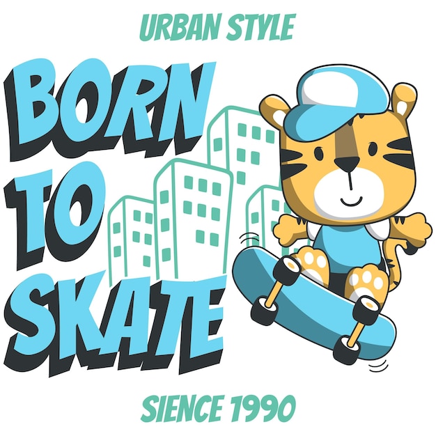 Cute cartoon character tiger skater Vector print with cute tiger on a skateboard