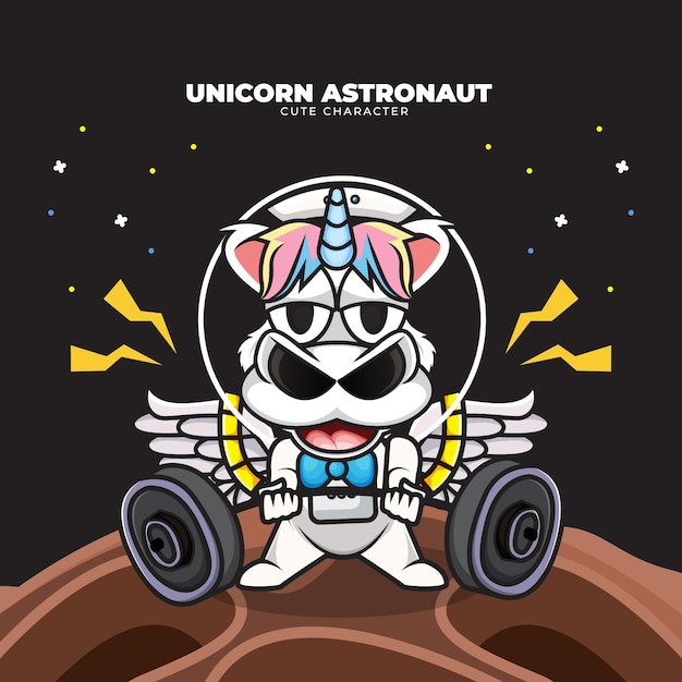 Simpatico personaggio dei cartoni animati dell'astronauta unicorno che solleva il bilanciere nello spazio