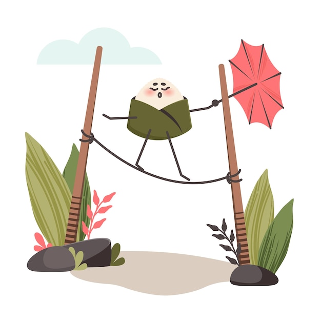 Cute cartoon character walks with umbrella on rope onigiri as traditional japanese dish vector