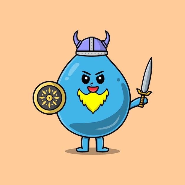 Cute cartoon character Water drop viking pirate with hat and holding sword and shield