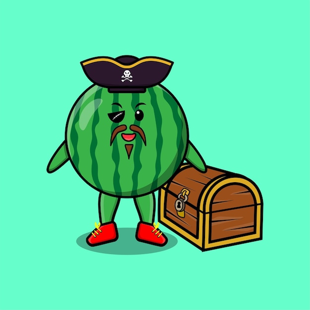 Cute cartoon character Watermelon pirate with treasure box in modern style design