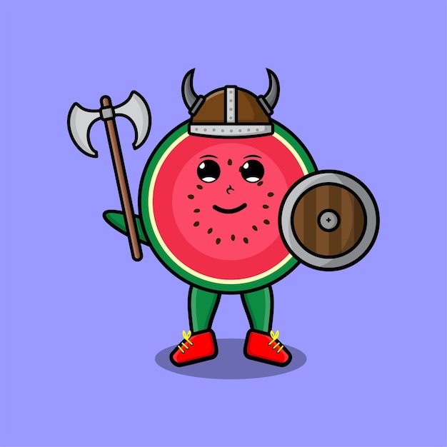 Cute cartoon character watermelon viking pirate with hat and holding ax and shield in modern design