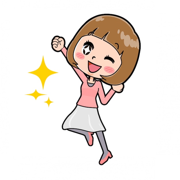 귀여운 만화 캐릭터 여자, 행복 점프