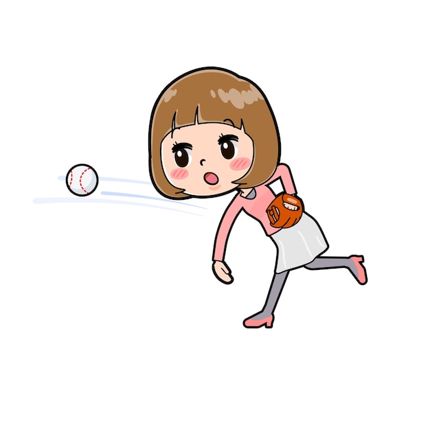 Cute cartoon character of young woman with a gesture of throw a ball.