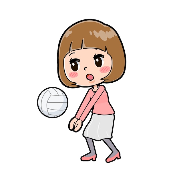 Cute cartoon character of young woman with a gesture of volleyball.