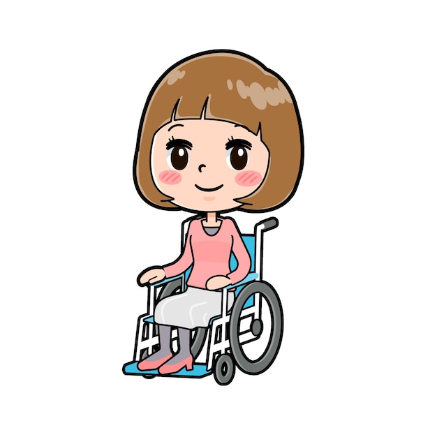 Simpatico personaggio dei cartoni animati di giovane donna con un gesto di sedia a rotelle.