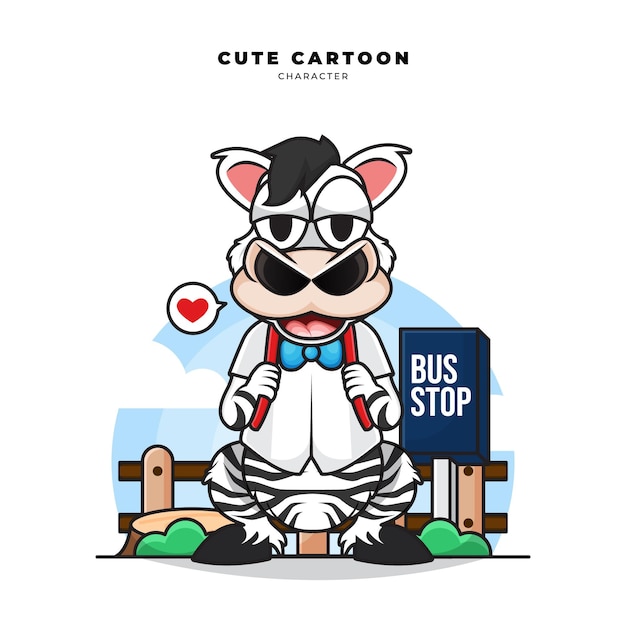 Cute cartoon character of zebra is waiting for the school bus to back to school