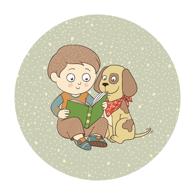 Simpatici personaggi dei cartoni animati libro di lettura ragazzo con un cane illustrazione vettoriale a colori