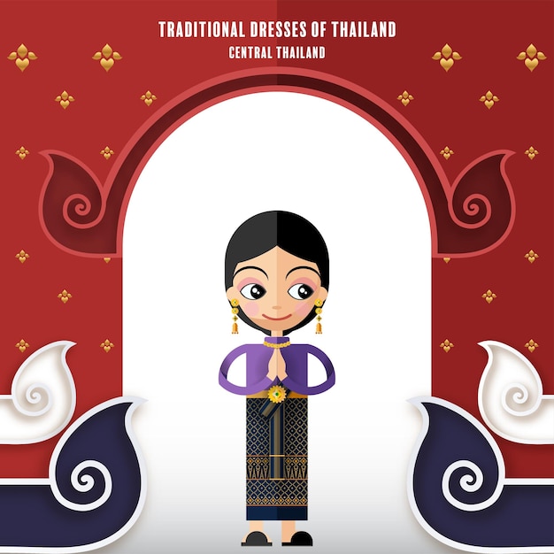 벡터 태국 전통 의상이나 태국 전통 무용 의상을 입은 귀여운 만화 캐릭터 소녀