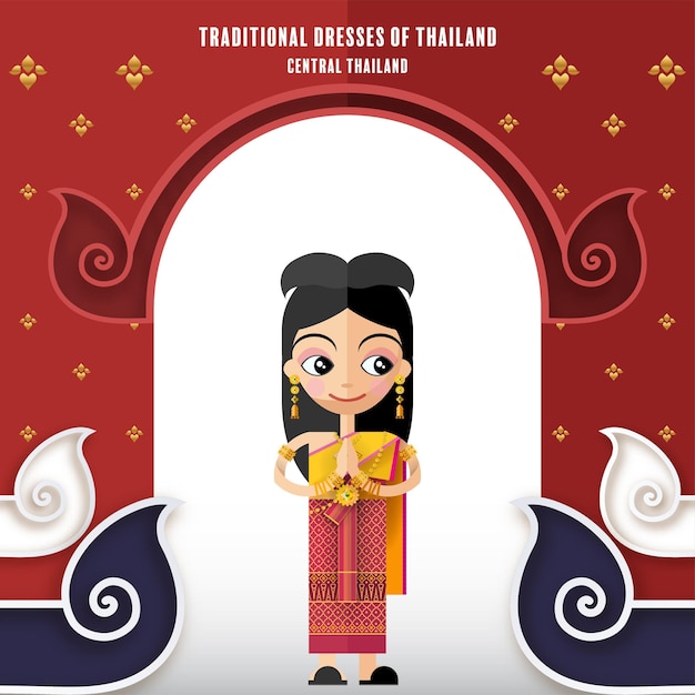 Вектор Симпатичные мультяшные персонажи девушка в традиционных платьях таиланда или тайском традиционном танцевальном костюме