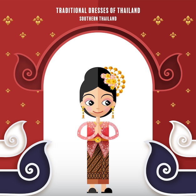 Vector cute cartoon characters girl in traditional dresses of thailand or thai traditional dance costume