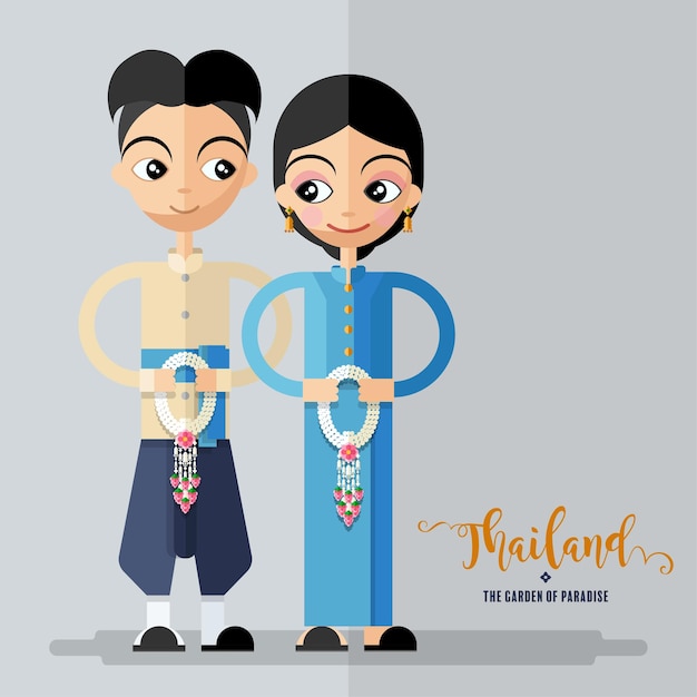 Cute cartoon characters girl in traditional dresses of thailand or thai traditional dance costume