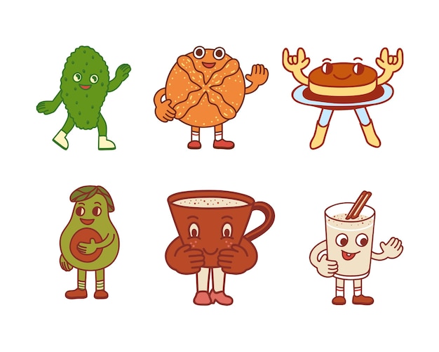 Cute cartoon characters with drinks and food Vector illustration in a flat style