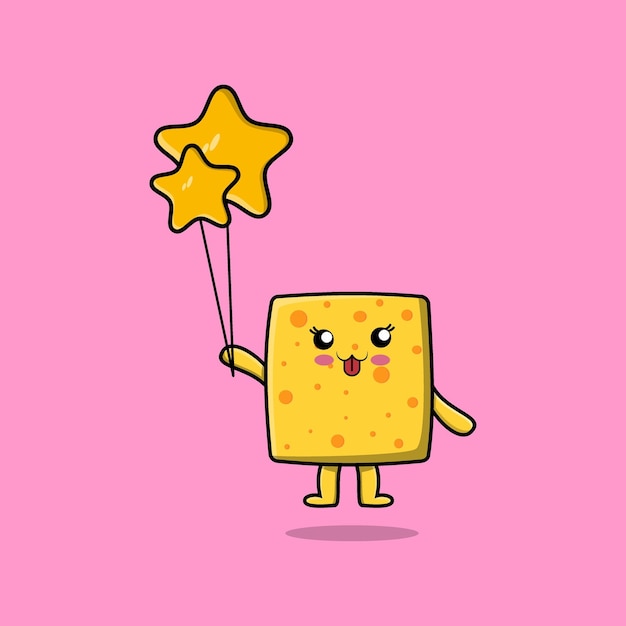 Cute cartoon cheese floating with star balloon