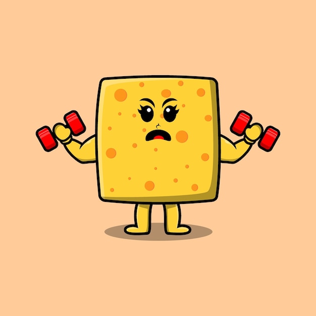 Cute cartoon cheese is fitness with barbell