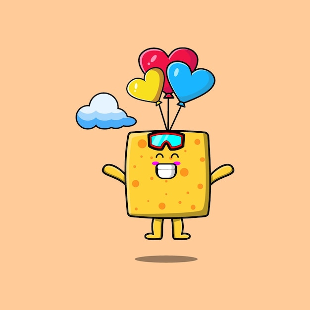 Cute cartoon cheese is skydiving with balloon