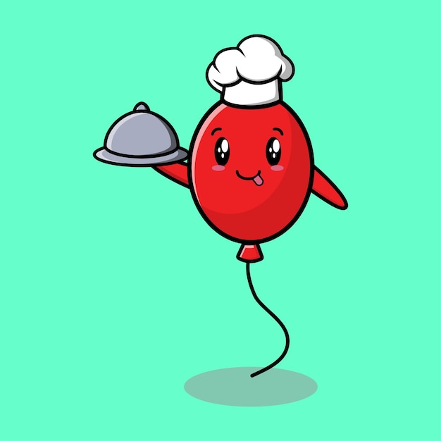 Cute cartoon chef balloon mascot character serving food on tray cute style design