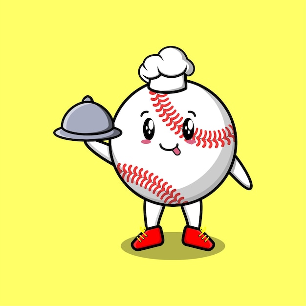 かわいい漫画のシェフの野球ボールのマスコットキャラクターがトレイに食べ物を提供するかわいいスタイルのデザイン