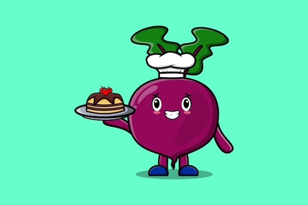 Cute cartoon chef beetroot serving cake on tray