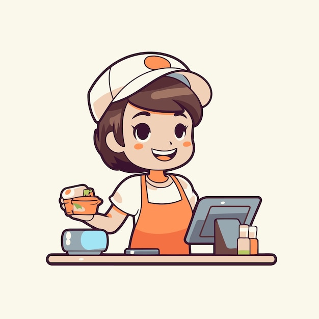 Cute cartoon chef girl with a bowl of salad Vector illustration