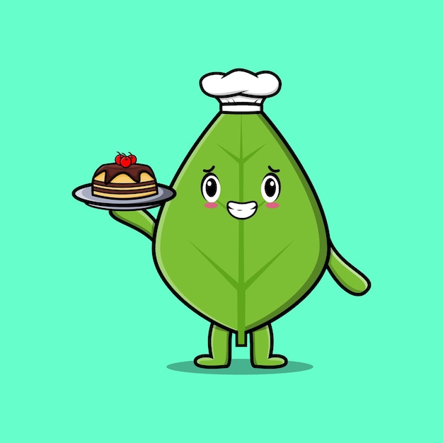 Cute cartoon chef foglia verde che serve torta sul vassoio