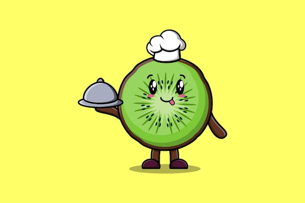 Vettore cute cartoon chef kiwi frutta mascotte personaggio che serve cibo su vassoio design in stile carino illustrazione