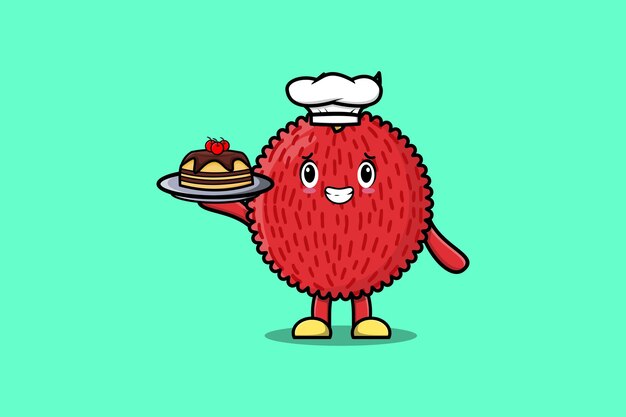 Cute cartoon chef lychee character serving cake on tray cute style design in flat cartoon style