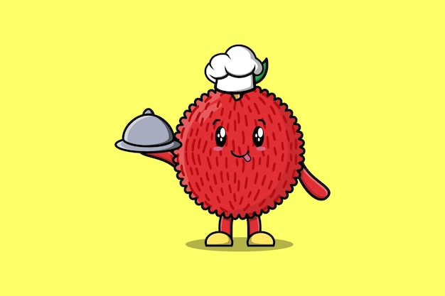 Cute Cartoon chef Lychee mascot character serving food on tray cute style design illustration