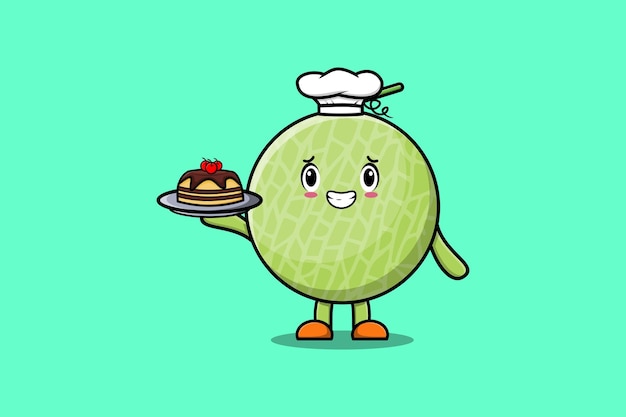 Cute cartoon chef melon personaggio che serve torta sul vassoio design in stile carino in stile cartone animato piatto