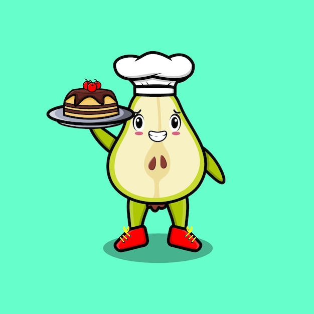 Simpatico cartone animato chef pera frutta mascotte personaggio che serve torta sul vassoio design in stile carino