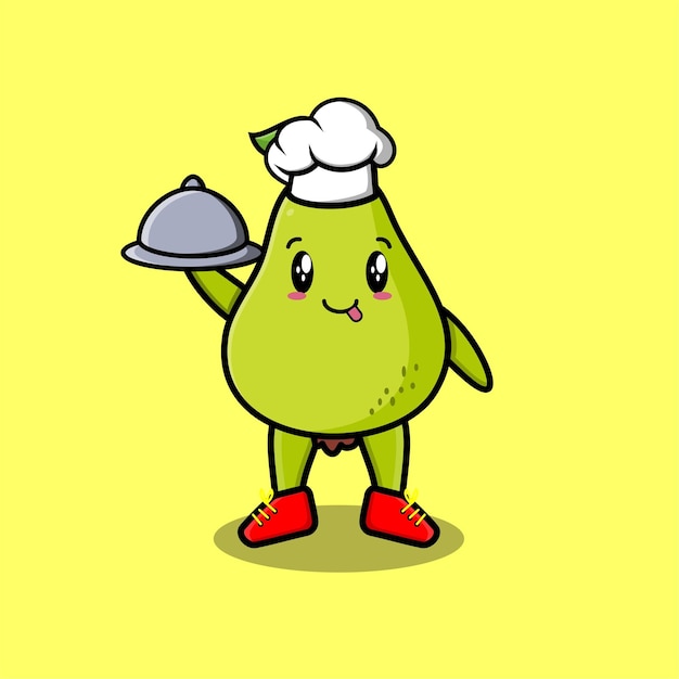 Simpatico cartone animato chef pera frutta mascotte personaggio che serve cibo sul vassoio design in stile carino