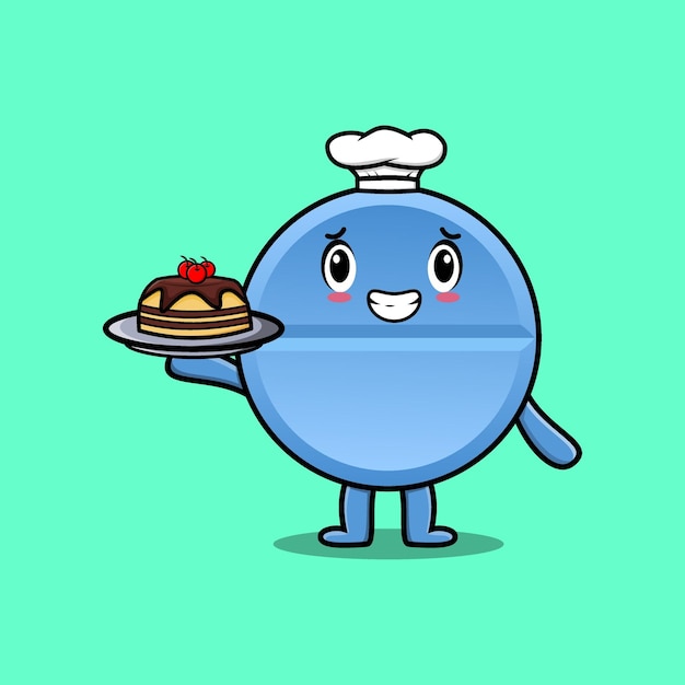 Cute Cartoon chef pill medicine character serving cake on tray cute style design in flat cartoon