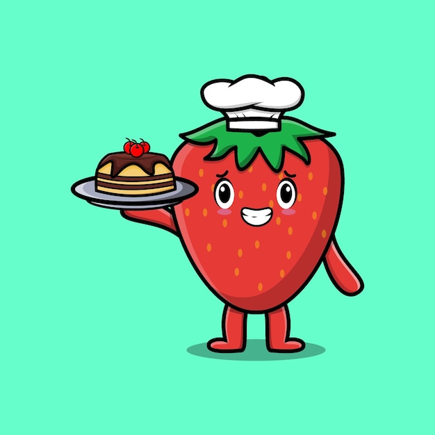 Cute Cartoon chef strawberry character serving cake on tray cute style design in flat cartoon style