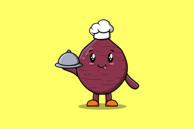 Cute Cartoon chef Sweet potato mascot character serving food on tray cute style design illustration