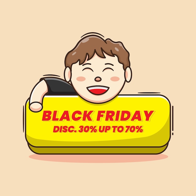 Cute cartoon chibi boy on black friday event vector illustration concept