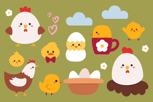 Vector cute cartoon chicken and chick sticker set