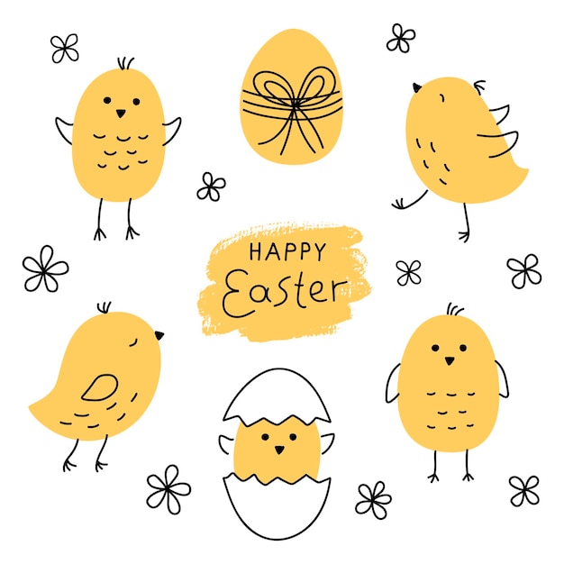 Cute cartoon chicken set funny yellow chickens in different poses happy easter greeting card