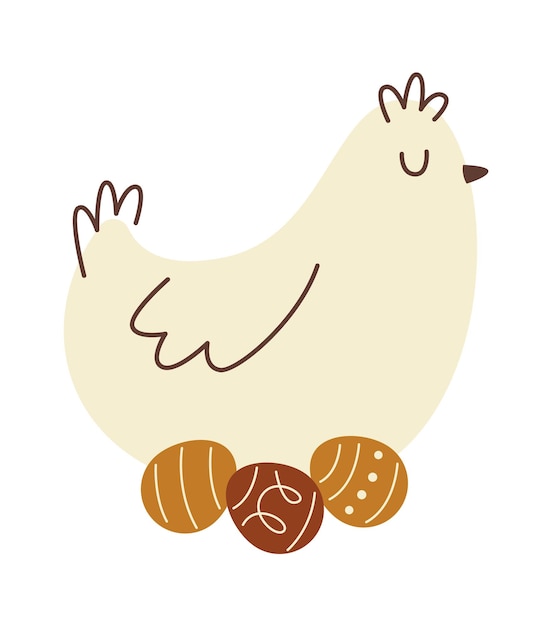 Cute cartoon chicken with eggs flat icon