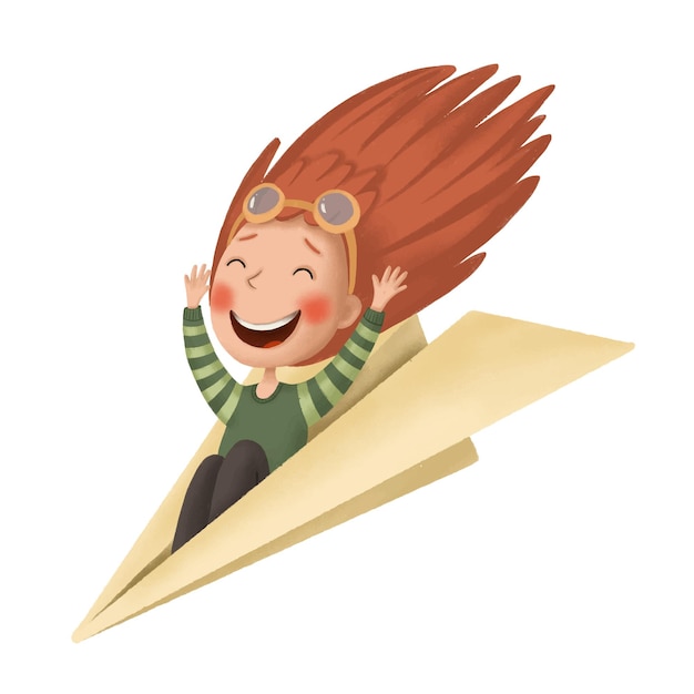 Cute cartoon child is flying on a paper airplane and smiling