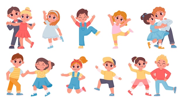 귀여운 만화 어린이 소년과 소녀들은 커플로 춤을 춥니다. 유치원 아이들은 왈츠를 추고 점프하며 신나게 놀고 있습니다. 행복 한 아이 문자 벡터 집합입니다. 클래식 공연, 어린이용 엔터테인먼트