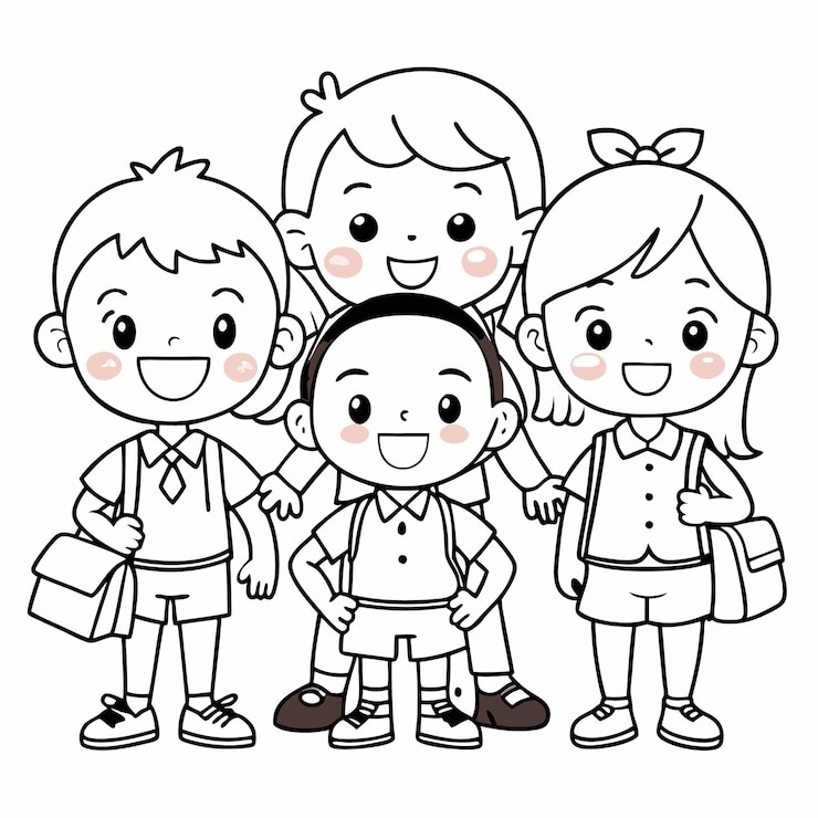 학교 유니폼 을 입고 배 을 들고 함께 서 있는 귀여운 만화 어린이 들