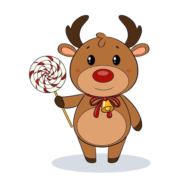 Vector cute cartoon childrens character santa claus  christmas reindeer elk deer sled with red nose