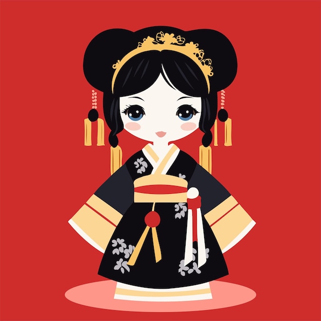 Vector cute cartoon china silk doll minimal illustration