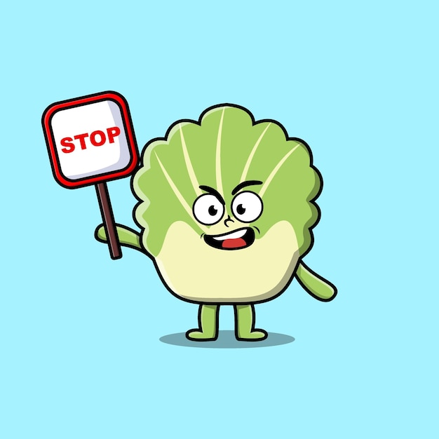 Cute Cartoon chinese cabbage with stop sign board