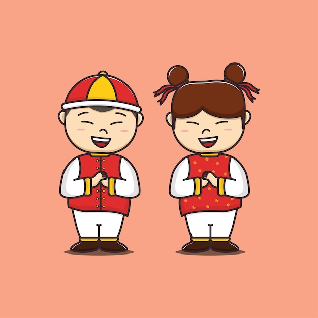 Vector cute cartoon chinese couple kids