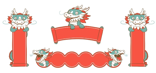 Cute cartoon chinese dragon holding red scroll banner for chinese new year celebration 2024 stock