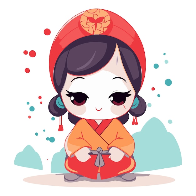 Cute cartoon chinese girl in kimono